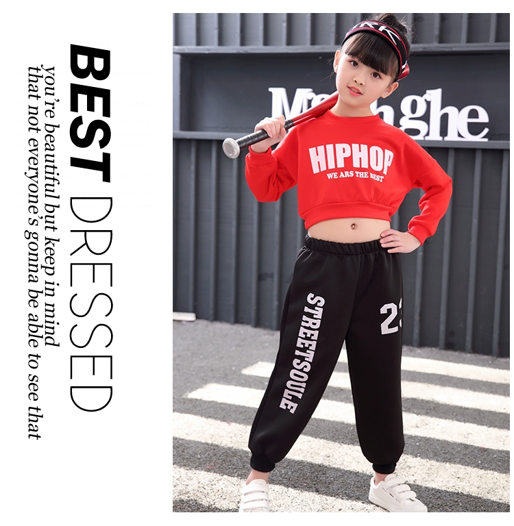 Quần áo khiêu vũ jazz cho bé gái Quần áo nhảy đường phố hip hop phù hợp với đồng phục cổ vũ JAZZ biểu diễn quần áo rò rỉ mùa thu