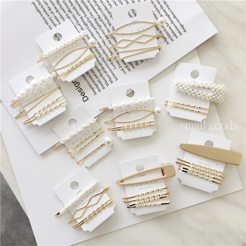 Korean wind hair clip Pearl metal combination set Texture clip Hair accessories female word clip edge clip Girl student clip