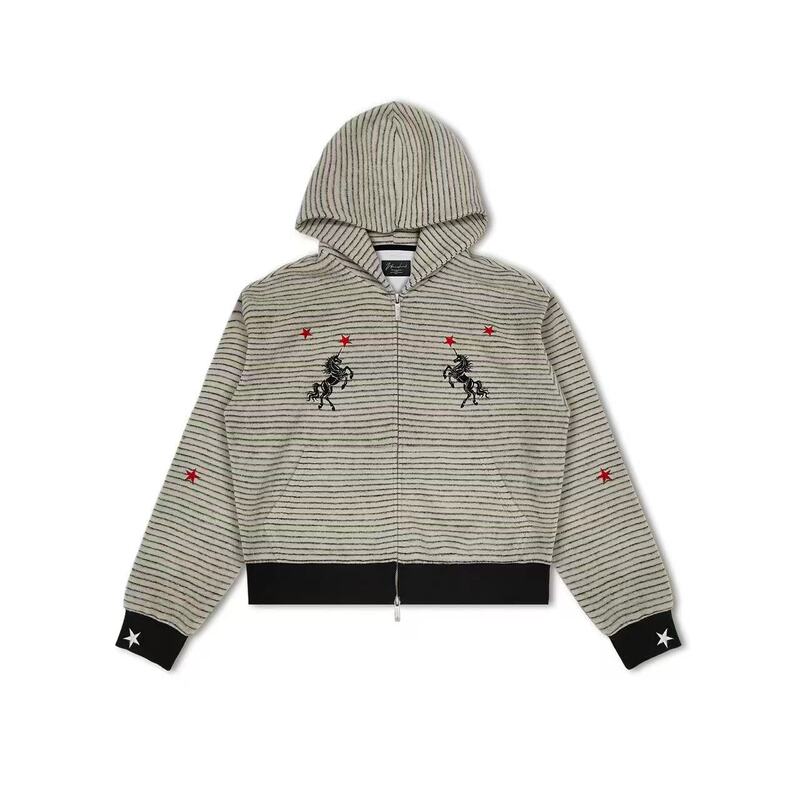 American Retro Red Star Unicorn Embroidered Hooded Sweatshirt for Men and Women, Spring and Autumn Striped Short Wide Zipper Cardigan Jacket American Retro Red Star Unicorn Embroidered Hooded Sweatshirt for Men and Women, Spring and Autumn Striped Short Wide Zipper Cardigan Jacket