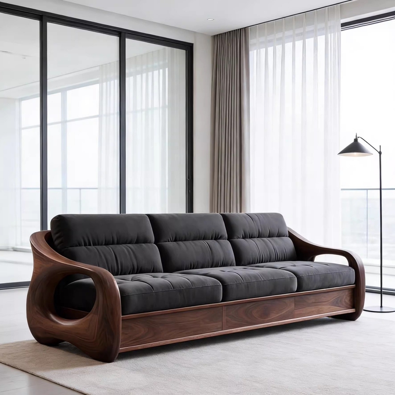 North American Black Walnut Solid Wood Three-Seater Sofa, Modern Minimalist Straight-Row Sofa, Villa Living Room Furniture, Song-Style Aesthetics