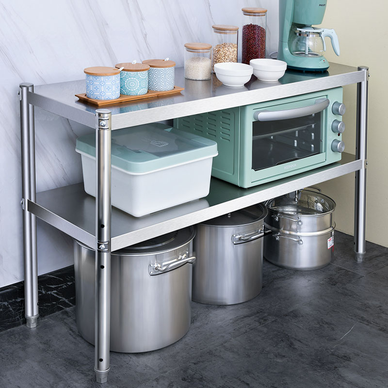 Kitchen shelf Stainless steel floor-to-ceiling two-layer shelf Household table rack pot rack Kitchenware finishing storage shelf 2