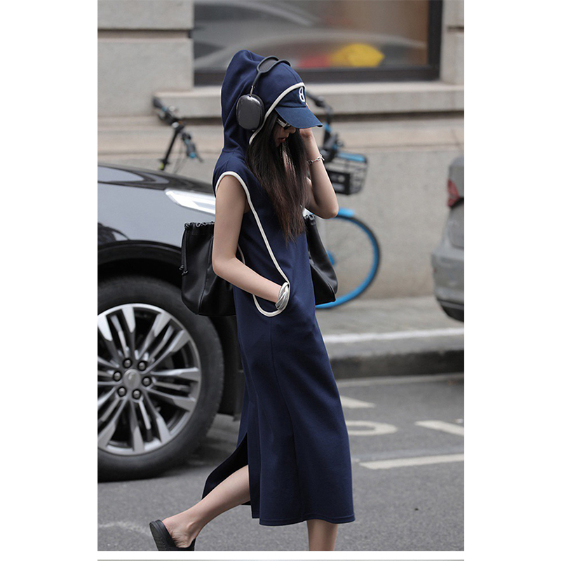 Casual and Unique Hooded Patchwork Casual Dress for Women, 2026 Summer New Style, Sleeveless, Elegant, Slit T-Shirt Long Dress