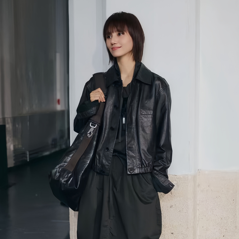 Yuan Quan's Same Style Imported Lambskin Oil Wax Sheepskin Genuine Leather Jacket for Women 2026 New Elegant Leather Jacket Coat