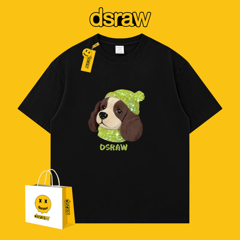 Dsraw American Cartoon Dog Print Short-Sleeved T-Shirt for Men and Women, Loose Cotton Top for Couples, Trendy