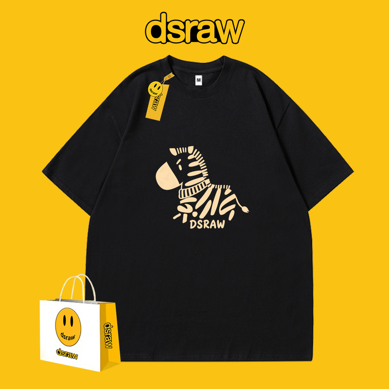 Dsraw National Trend Zebra Print Short-Sleeved T-Shirt for Men and Women Loose Pure Cotton Couple Tops Black Round Neck
