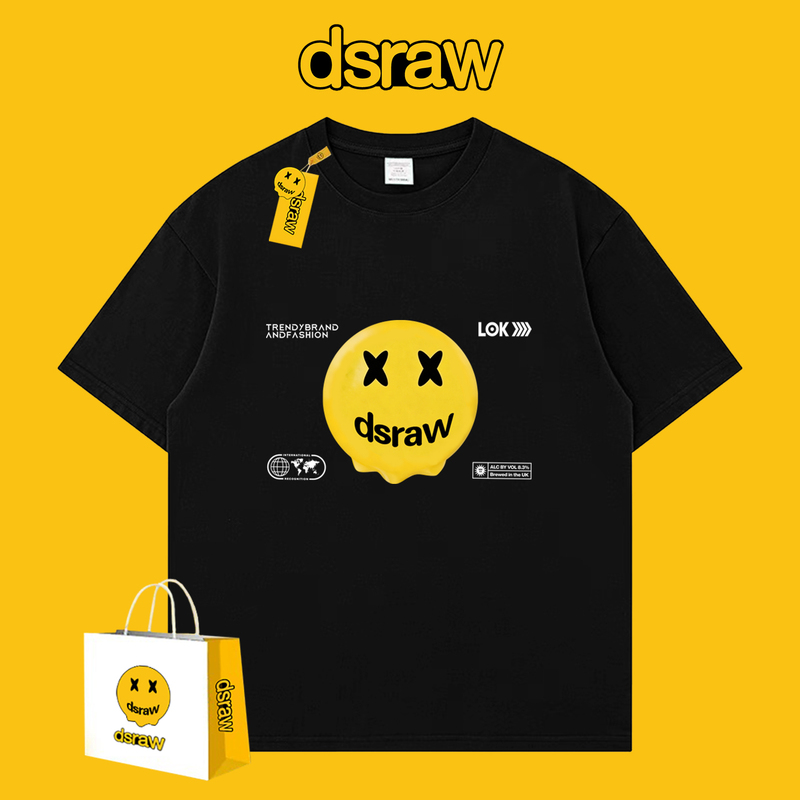 Dsraw American Trendy Brand Smiley Face Printed Short-Sleeved T-Shirt for Men and Women Loose Pullover Round Neck Couple Wear 2026 Summer