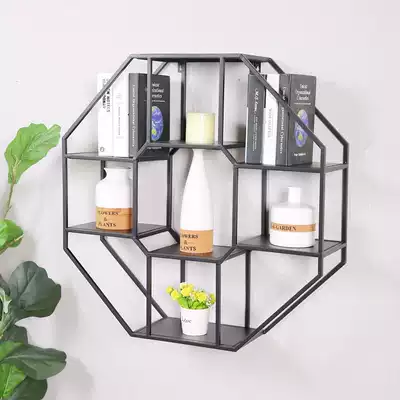 Wrought iron shelf wall hanging retro creative wall bookshelf clapboard background wall Plaid living room decoration display rack