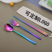 Opening Gift Custom LOGO 304 Stainless Steel Chopsticks Spoon Suit Fork Cute Korean Portable Three Sets