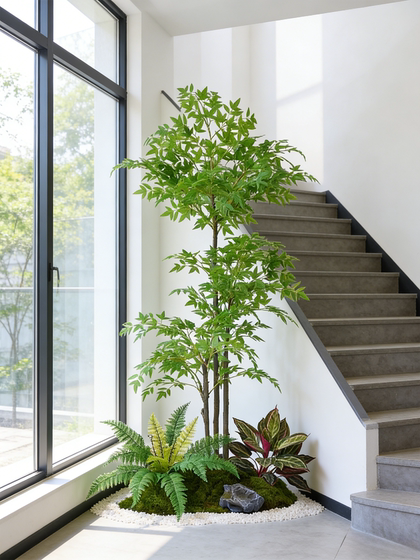 Simulated Plant Landscaping, Decorative Green Plants, Soft Decoration Landscape ‌ Wabi-Sabi Style Interior Arrangement under the Stairs in the Corner of the Entrance Hall