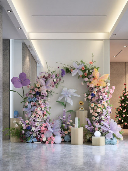 Monet's Garden Artificial Floral Decorations, Horn-Shaped Floral Arch, Wedding Decoration, Handover Ceremony Area Scene Layout