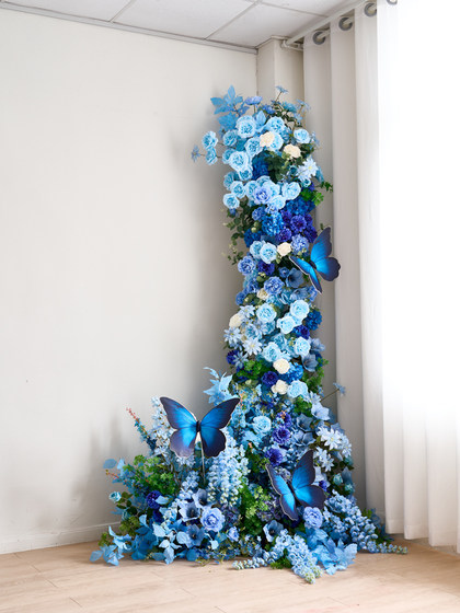 Artificial Flower Landscaping, Popular Butterfly Decoration, Blue Rose Waterfall Flower Wall, Large Fake Floral Art Scene Arrangement Ornaments