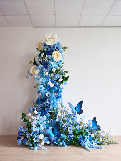 Artificial Flower Landscaping, Popular Butterfly Decoration, Blue Rose Waterfall Flower Wall, Large Fake Floral Art Scene Arrangement Ornaments