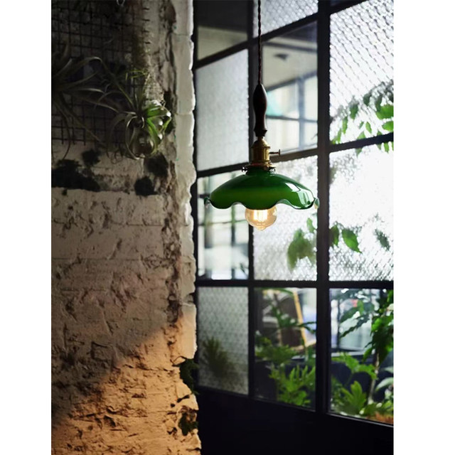 Old Shanghai Retro Green Glass Walnut Wood Chandelier, Vintage Cafe, Tea Room, Bar Counter, Restaurant Track Bedside Chandelier