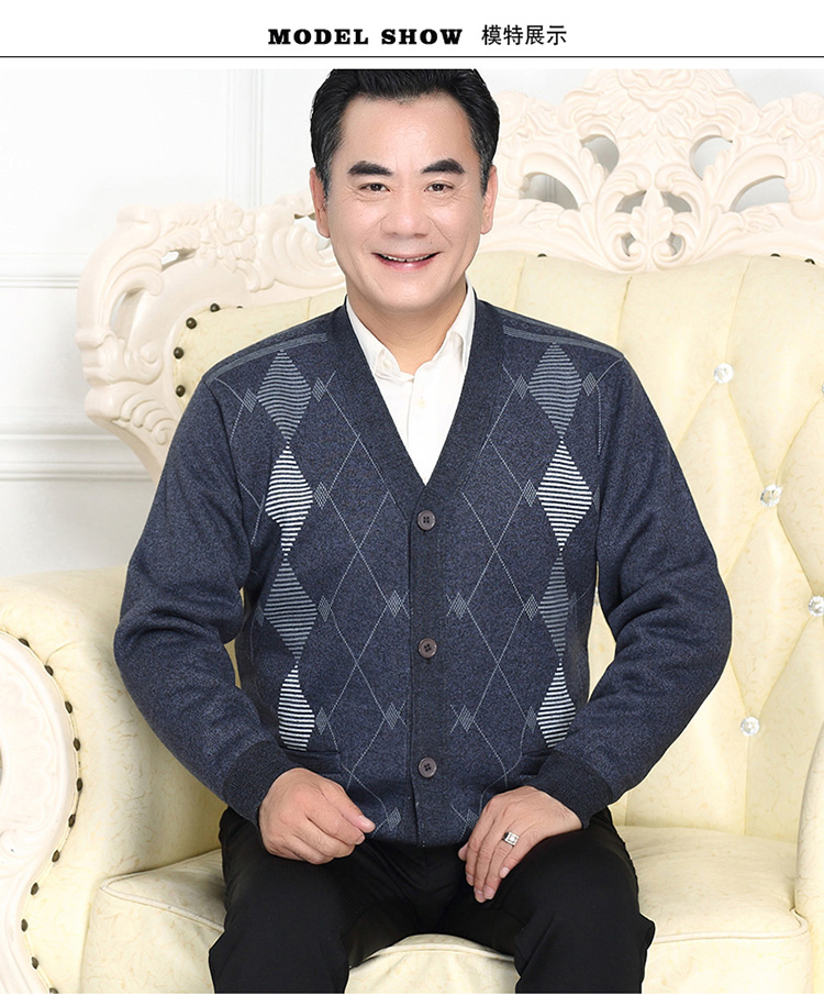 Đàn ông trung niên mùa thu đông mới cộng với áo len dệt kim nhung dày Bố mặc áo len đan cổ chữ V blazer nam