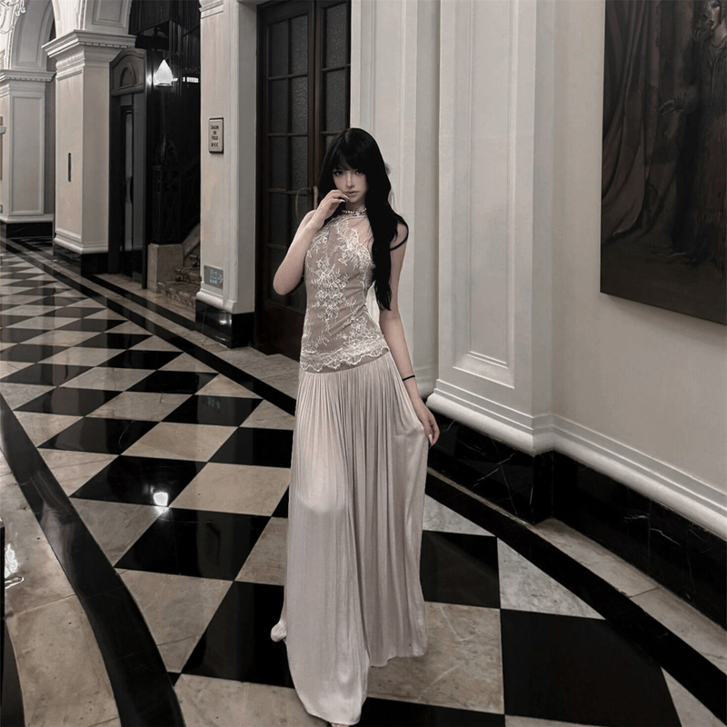 Heavy Lace Patchwork Spaghetti Strap Dress for Women, Summer High-End Elegant Socialite Style, Waist-Cinching, Slimming, Backless Long Dress Heavy Lace Patchwork Spaghetti Strap Dress for Women, Summer High-End Elegant Socialite Style, Waist-Cinching, Slimming, Backless Long Dress