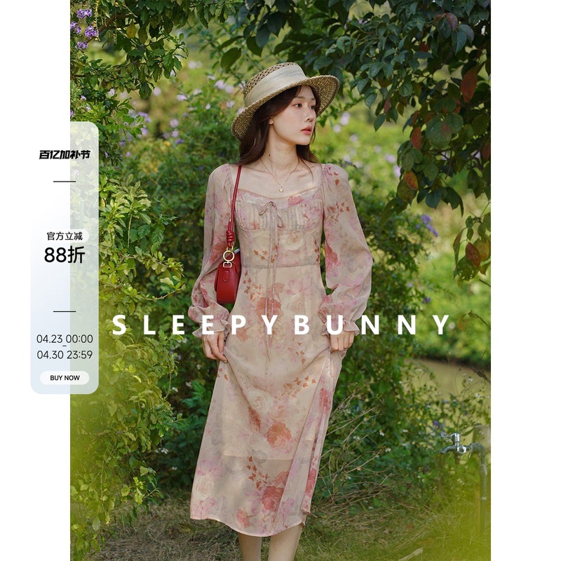 Gradient Rose Print Long-Sleeved Dress for Women Summer French Retro Pink High-Waisted Slimming One-Shoulder Chiffon Long Dress