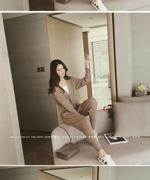 Bộ đồ xuân hè nữ 2018 mới thời trang Hàn Quốc quần tây áo khoác cardigan đan bình thường thể thao ba mảnh bộ đồ