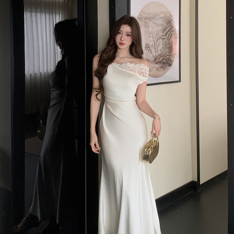 French Lace Spliced Satin White Dress for Women, Summer Light Dress, Elegant, Slim-Fitting, Waist-Cinching, Off-Shoulder Long Dress