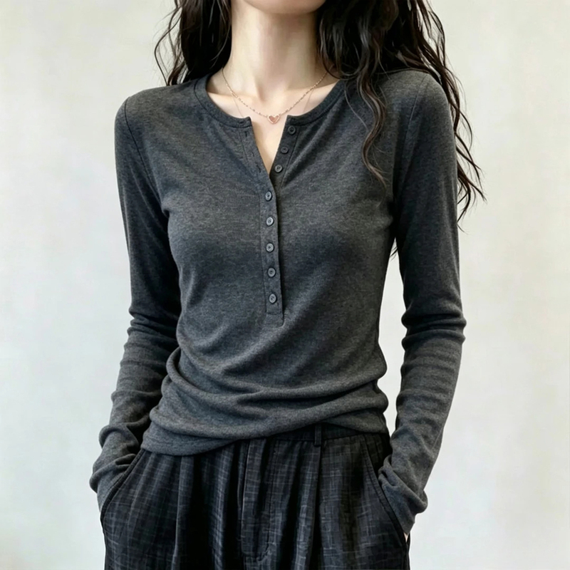 Plus-Size Mature Style Single-Breasted Half-Open Collar Long-Sleeve T-Shirt for Women, Autumn Slim-Fit, Elegant and Simple Top Plus-Size Mature Style Single-Breasted Half-Open Collar Long-Sleeve T-Shirt for Women, Autumn Slim-Fit, Elegant and Simple Top