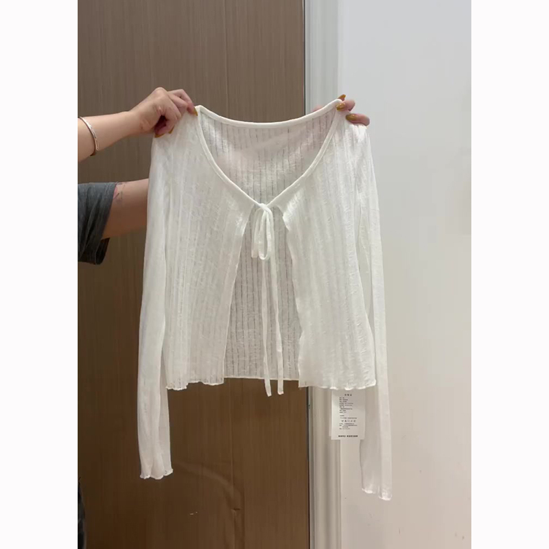 Plus Size White Ice Silk Sun Protection Cardigan for Women in Summer, Thin Shawl Cover-Up with Straps, Tie-Up Jacket