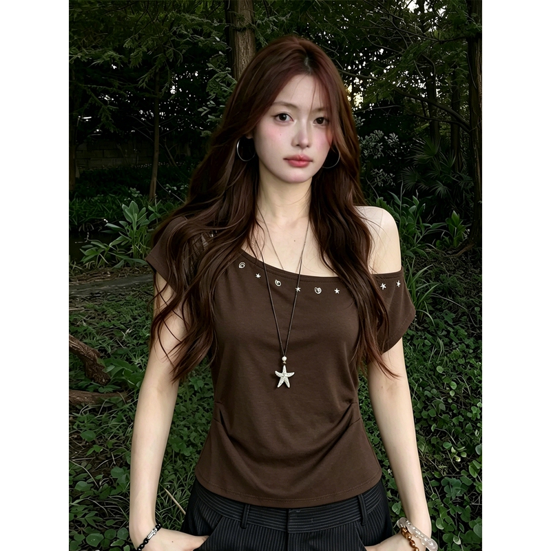 Plus Size French Style Spicy Girl Off-Shoulder Short-Sleeve T-Shirt, Waist-Cinching, Slimming, Brightening Top, Summer Fashion Trendy Women's Clothing