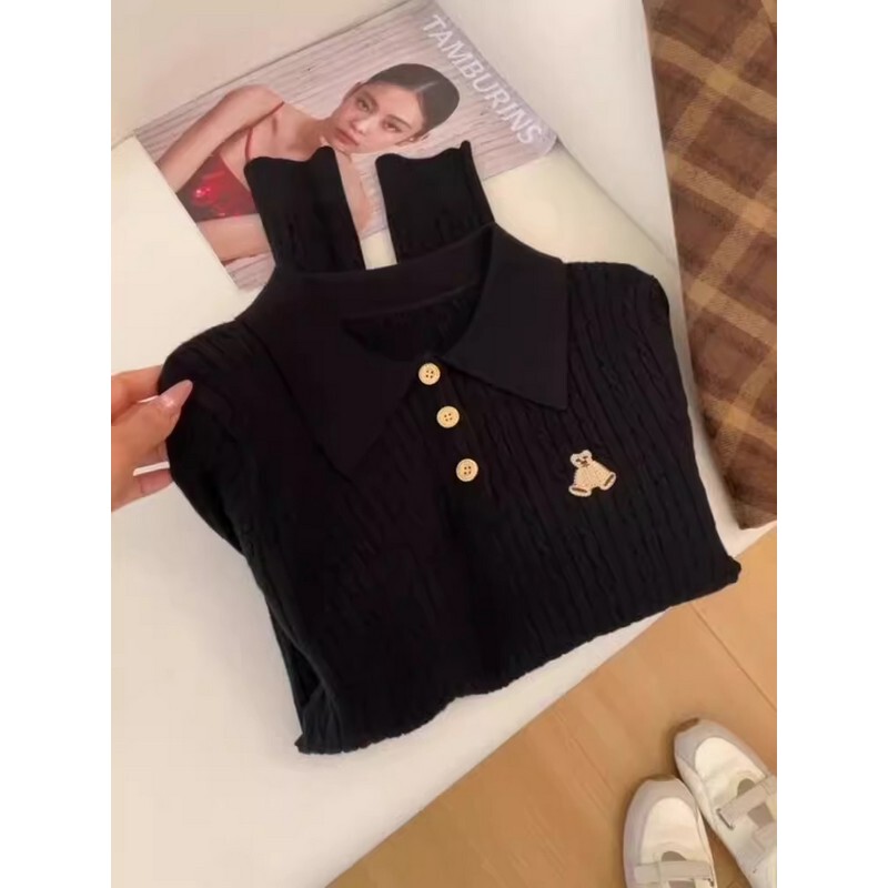 Plus-Size Embroidered Bear Polo Collar Black Cable Knit Sweater for Women, New Autumn and Winter Style, Loose Fit, Slimming Top Plus-Size Embroidered Bear Polo Collar Black Cable Knit Sweater for Women, New Autumn and Winter Style, Loose Fit, Slimming Top