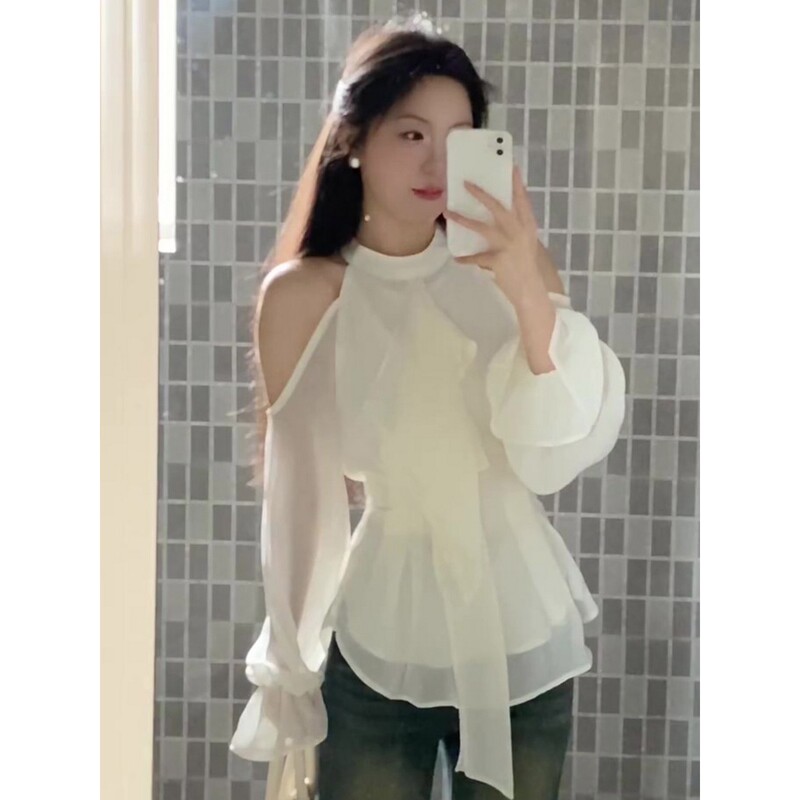 Plus Size French Off-Shoulder Lantern Sleeve Chiffon Blouse for Women, New Spring Style with Waist-Cinching Design, Stylish and Elegant Top