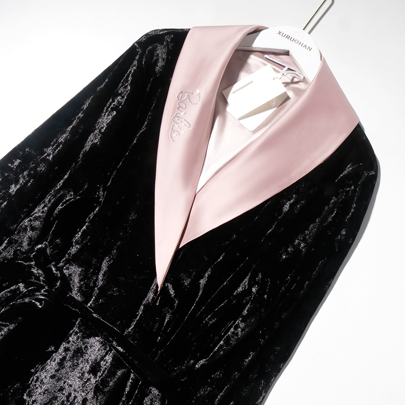 Nightgown for Women, Spring and Autumn Style, Home Wear, Acetate Black Velvet Wedding Dressing Gown, Mid-Length, Long-Sleeved, Sexy Women's Bathrobe