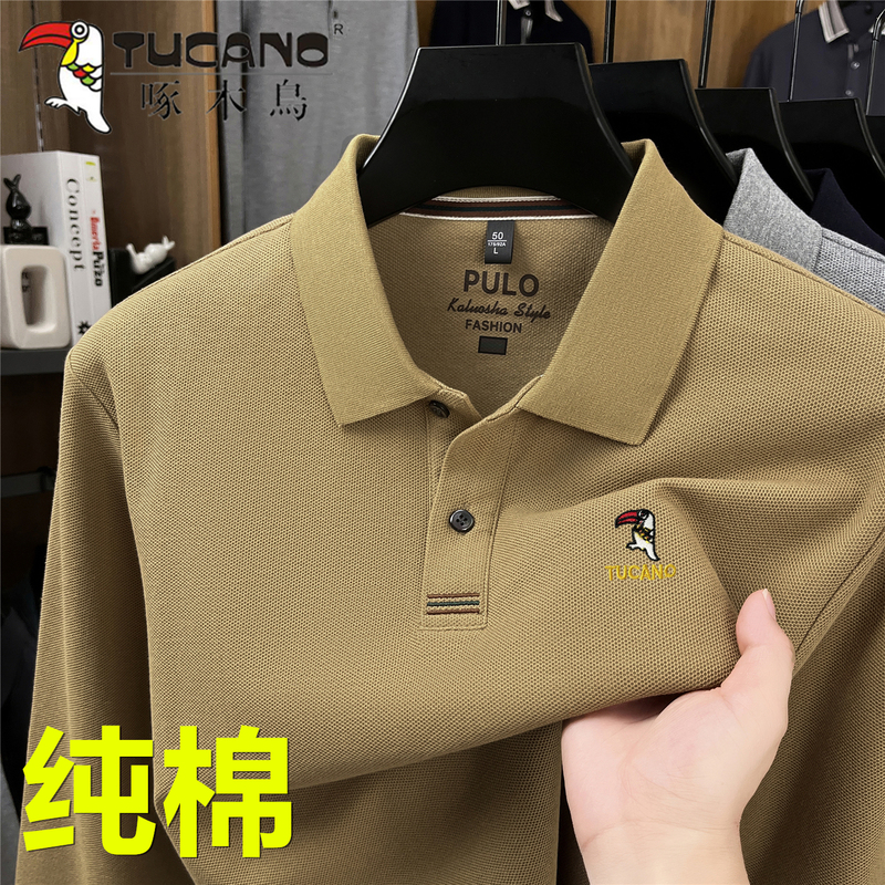Woodpecker Spring and Autumn New Men's Long Sleeve T-Shirt 100% Pure Cotton Turn-Down Collar Embroidered Polo Shirt for Middle-Aged Men Regular Fit Top
