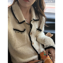 HEYGIRL black elder brother early autumn lazy wind design sense niche wool knitted velvet cardigan women slim coat thin coat