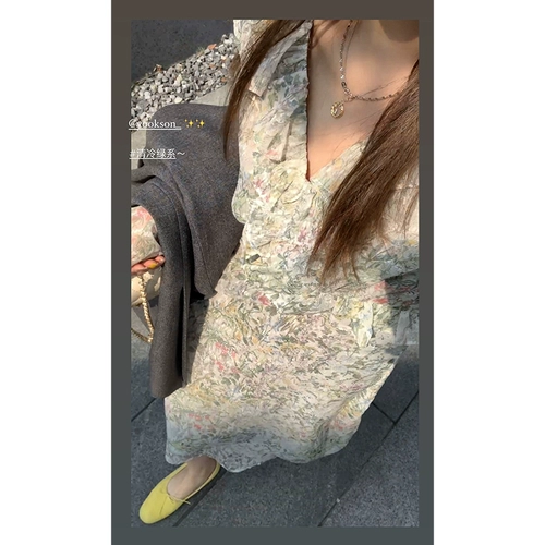 Платье, весенняя длинная юбка, по фигуре, в цветочек, французский стиль