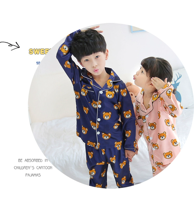 Pyjama cha mẹ-con mùa xuân và mùa thu dài tay lụa băng gia đình ba mẹ và con gái mùa hè nam và nữ trong bộ đồ phục vụ nhà trẻ em lớn - Bộ Pajama