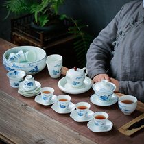 Chinese Kung Fu tea set hand-painted blue and white landscape tea cup ceramic three Chai bowl teapot tea wash tea tray home set