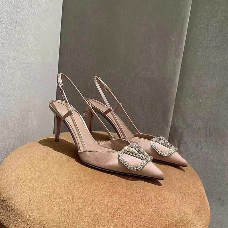 2025 Spring/Summer Satin Stiletto Shallow Pointed Toe Pumps Kitten Heel Back Strap High Heel Closed Toe Sandals Women's Rhinestone