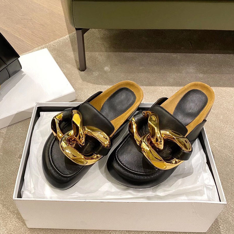 Jw Big Gold Chain Shoes ins Closed-Toe Half Slippers for Women, Fashionable Genuine Leather Thick-Soled Loafers, Mules, Slip-On Shoes