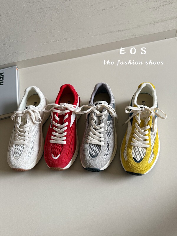 23711-15Eos Women's Shoes Retro Genuine Leather Red Mesh Breathable Soft-Soled Forrest Gump Shoes Casual Versatile Sneakers