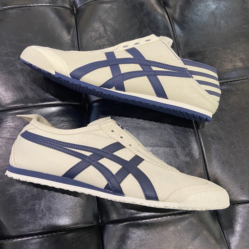 Onitsuka Tiger Shoes, Tiger Training Shoes, Mexico 66 Canvas Beige Dark Blue Slip-On Shoes, Forrest Gump Insoles