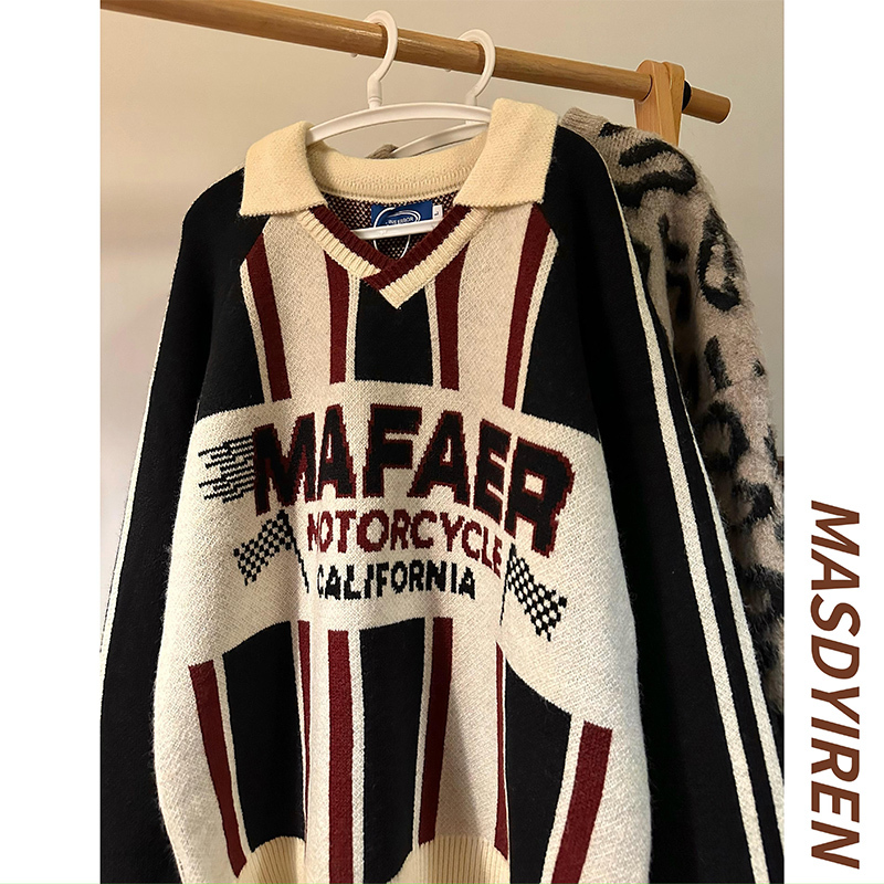 Masdyiren Autumn and Winter American Retro Loose High Street Color-Block Melard College Style Knit Sweater for Men Trendy Masdyiren Autumn and Winter American Retro Loose High Street Color-Block Melard College Style Knit Sweater for Men Trendy