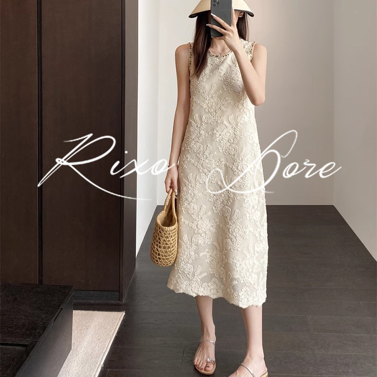 Rixo Dore French-Style High-End Embroidered Floral Sleeveless Dress for Women, Niche Design, Elegant Long Dress