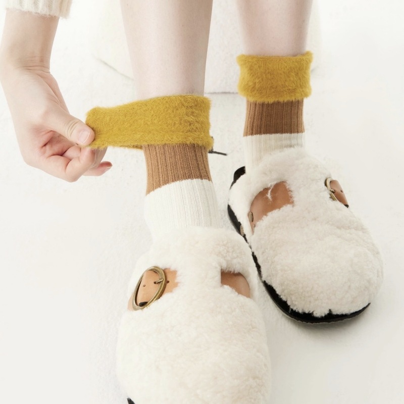 Autumn and winter collage wool suede pile socks upturned midbarrel socks thickened warm socks Sleep socks splicing pure cotton socks-Taobao