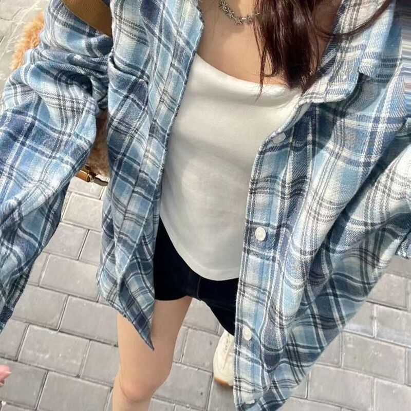 2024 New Style Forest-Inspired Trendy Blue Plaid Shirt Jacket for Women, Loose Casual Mid-Length Shirt for Outerwear That Covers the Body