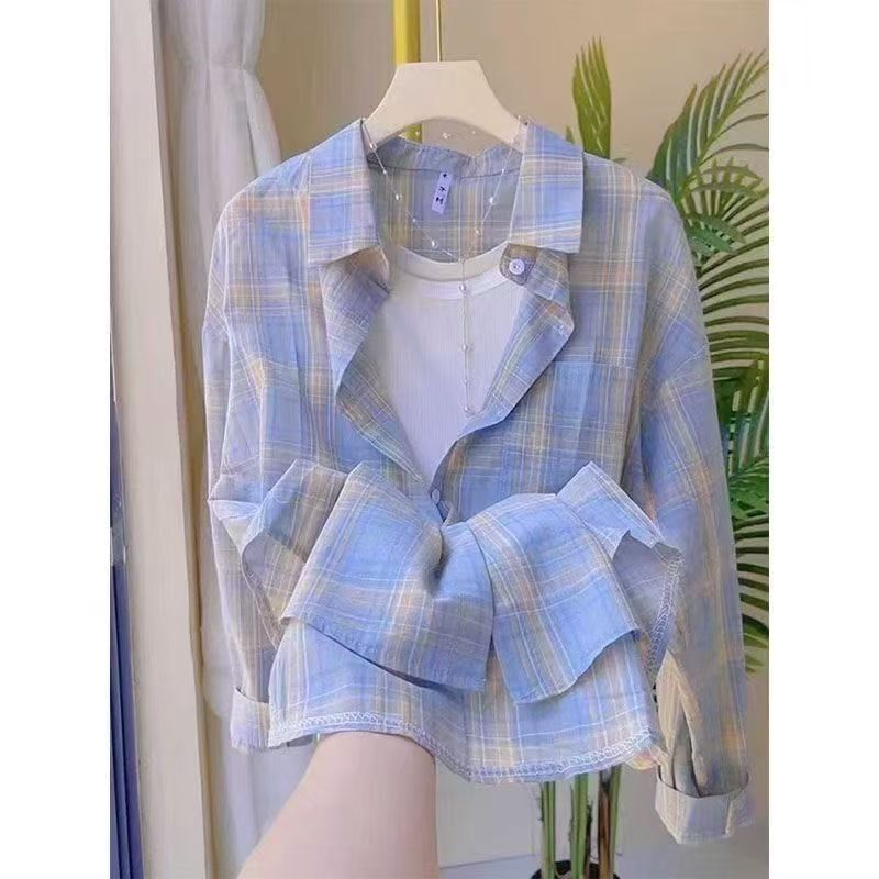 Pink Plaid Shirt for Women 2025 Summer Lazy Style Thin Breathable Jacket Design Niche Long-Sleeved Top Trendy