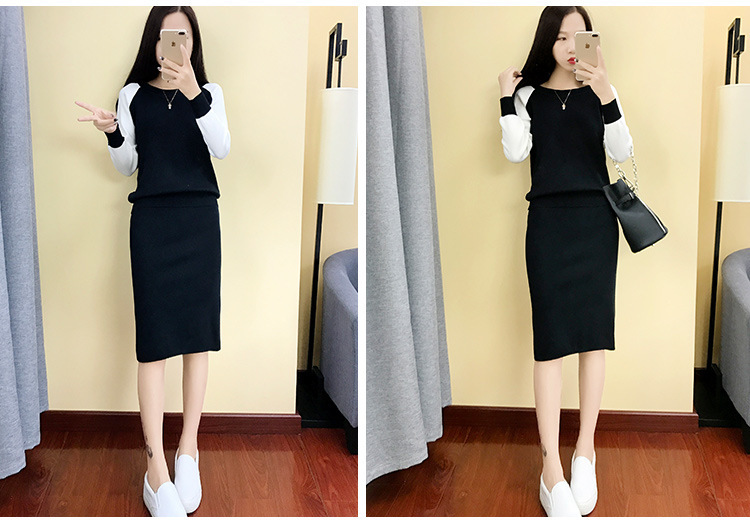 Thời trang phù hợp với váy nữ mùa thu đông mới áo len dài tay Hàn Quốc + váy eo cao váy liền hai dây bộ mặc nhà