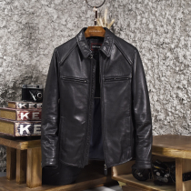 Leather leather jacket mens sheepskin short slim motorcycle leather jacket lapel Korean version of the trend handsome mens leather jacket