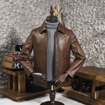 Mens leather leather clothing first layer cowhide lapel thin classic simple fashion Korean slim short motorcycle jacket