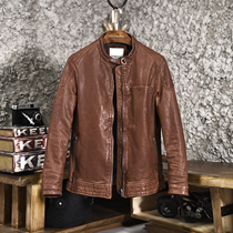 Retro mens leather jacket Motorcycle stand-up collar fashion slim-fit short handsome classic first layer sheepskin leather clothing mens clothing