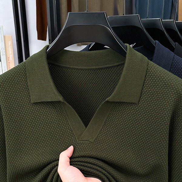 Cotton Long-Sleeved Lapel Knitted T-Shirt for Men, Early Autumn New Style V-Neck Sweater, High-End Pineapple Stitch Seagull Collar T-Shirt for Men