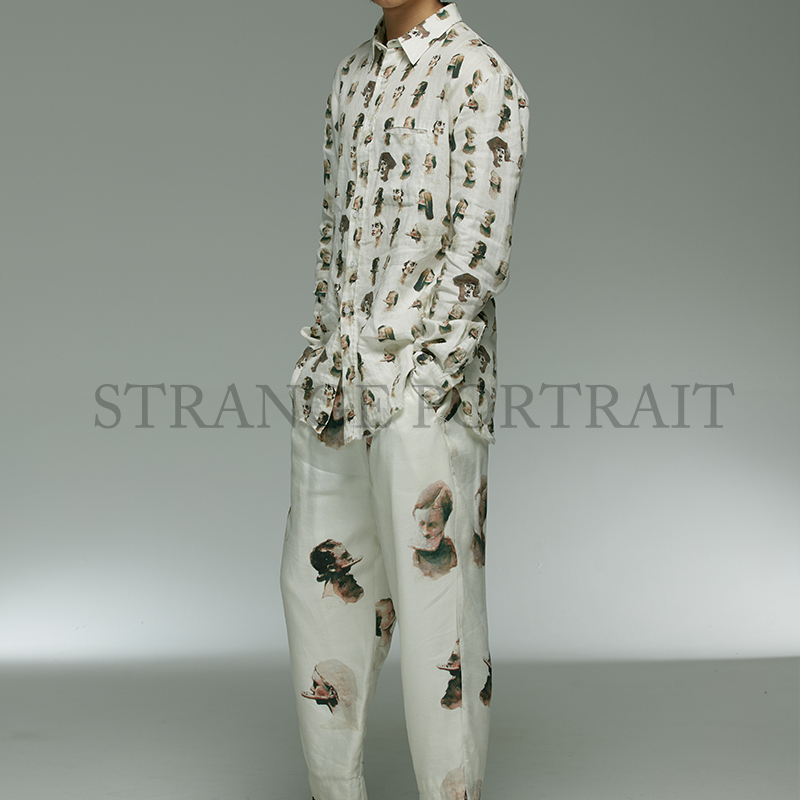 【Agd】Strange Portrait Strange Portrait Linen Full-Print Portrait Loose Shirt for Men and Women