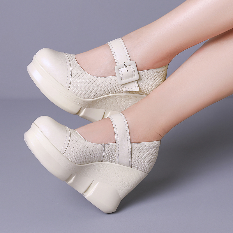 Soft Leather Wedge Shoes for Women, 2025 Autumn New Style, Thick-Soled, Single Strap, Genuine Leather, Round Toe, Elegant Shallow Mouth Leather Shoes