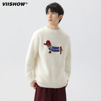 Viishow cartoon dachshund jacquard round neck pullover sweater for men and women imitation mohair casual loose top trendy Viishow cartoon dachshund jacquard round neck pullover sweater for men and women imitation mohair casual loose top trendy